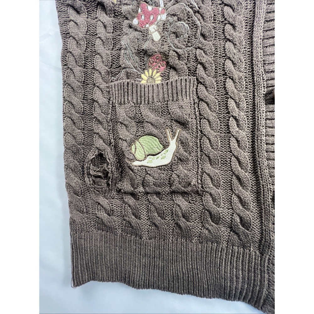 Embroidered Mushroom Frog Distressed Cardigan Sweater Large Brown BNWT Hot topic - Picture 12 of 15